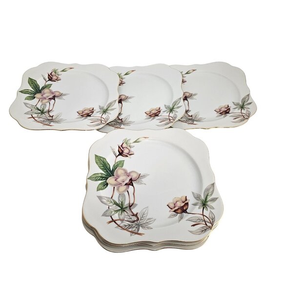 6 Blue Woodrose Square Lunch Plate 7.5" Meito Japan salad gold scalloped edge vt - Picture 6 of 9